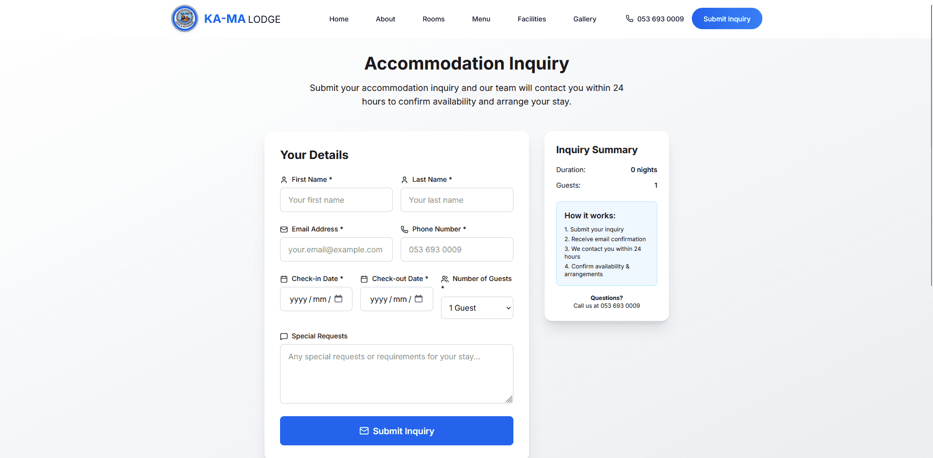 Kama Lodge accommodation inquiry CTA page preview